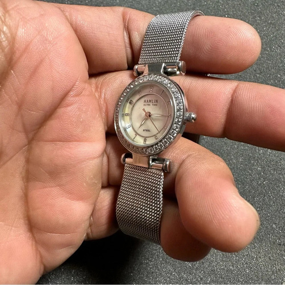 Hamlin Ultra Thin Ladies Quartz Watch Silver Tone Diamond Accent Dial Working - Picture 2 of 10